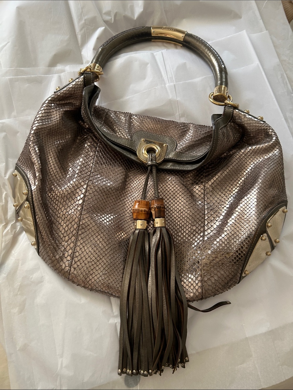 Gucci Metallic Taupe Real Python Hobo with Tassel and Gold Hardware